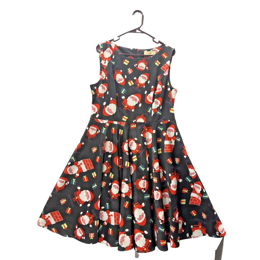 Grace Karin Women's Black, Red &White Christmas Holiday Santa Print Dress XL EUC